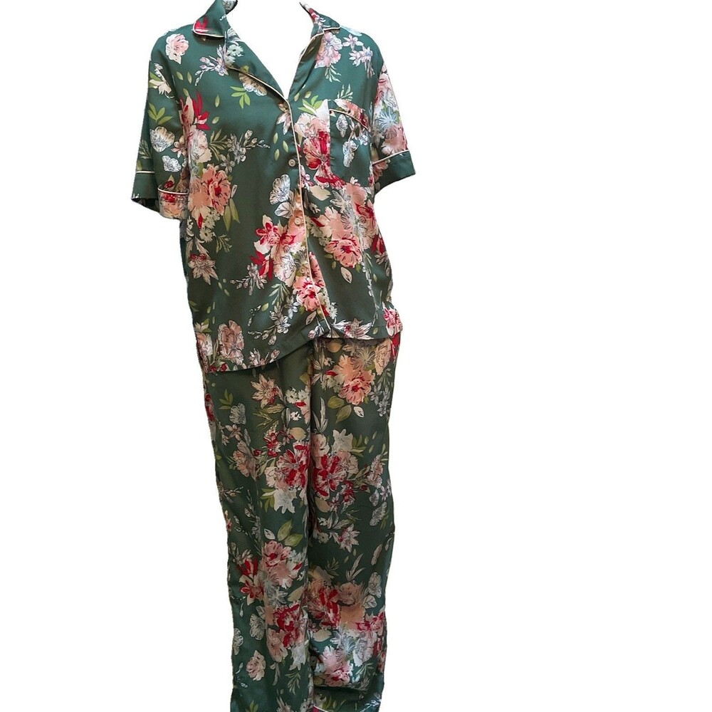 cupcakes & cashmere Satin Floral Pajama Set Medium Green Pink Cottagecore PJs